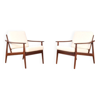 Mid-Century Danish Wood & Linen Lounge Chairs, Set of 2, 1960s.