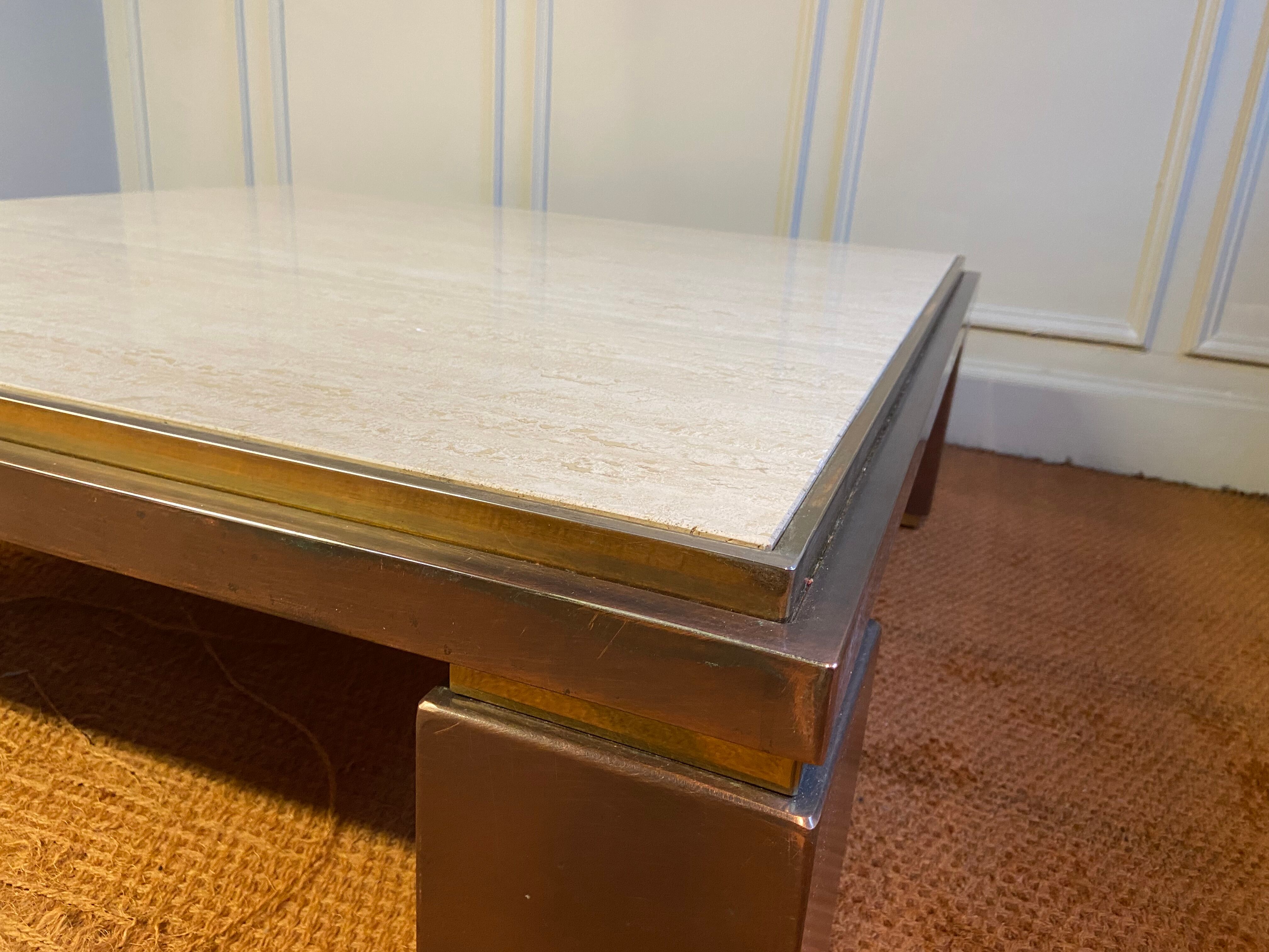 XXL copper, brass and travertine square coffee table, Belgo Chrom