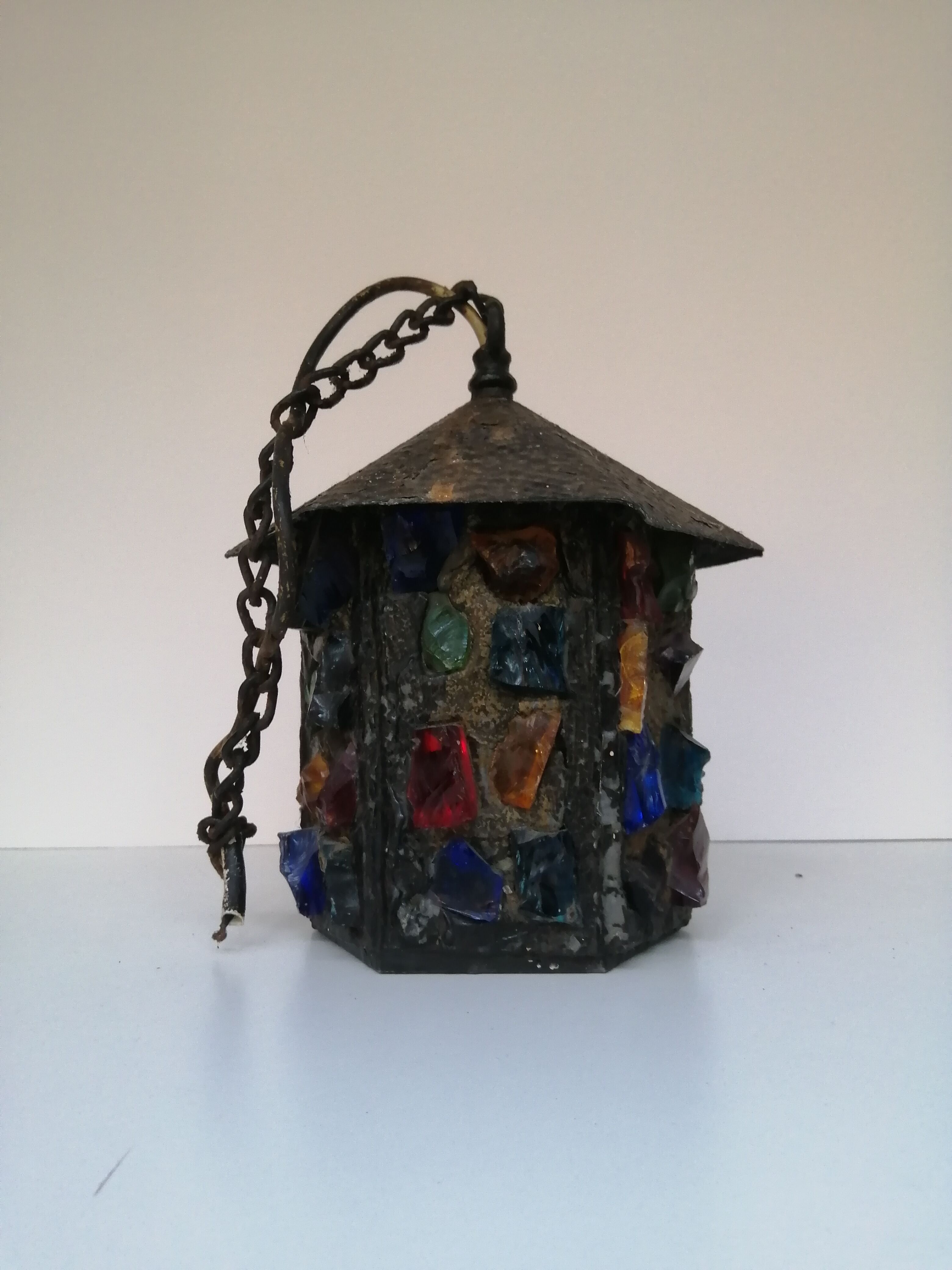 Peter Marsh porch lantern, colored glass, lead and Hammered Sheet metal, 1950s Arts & Crafts