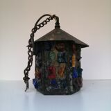 Peter Marsh porch lantern, colored glass, lead and Hammered Sheet metal, 1950s Arts & Crafts