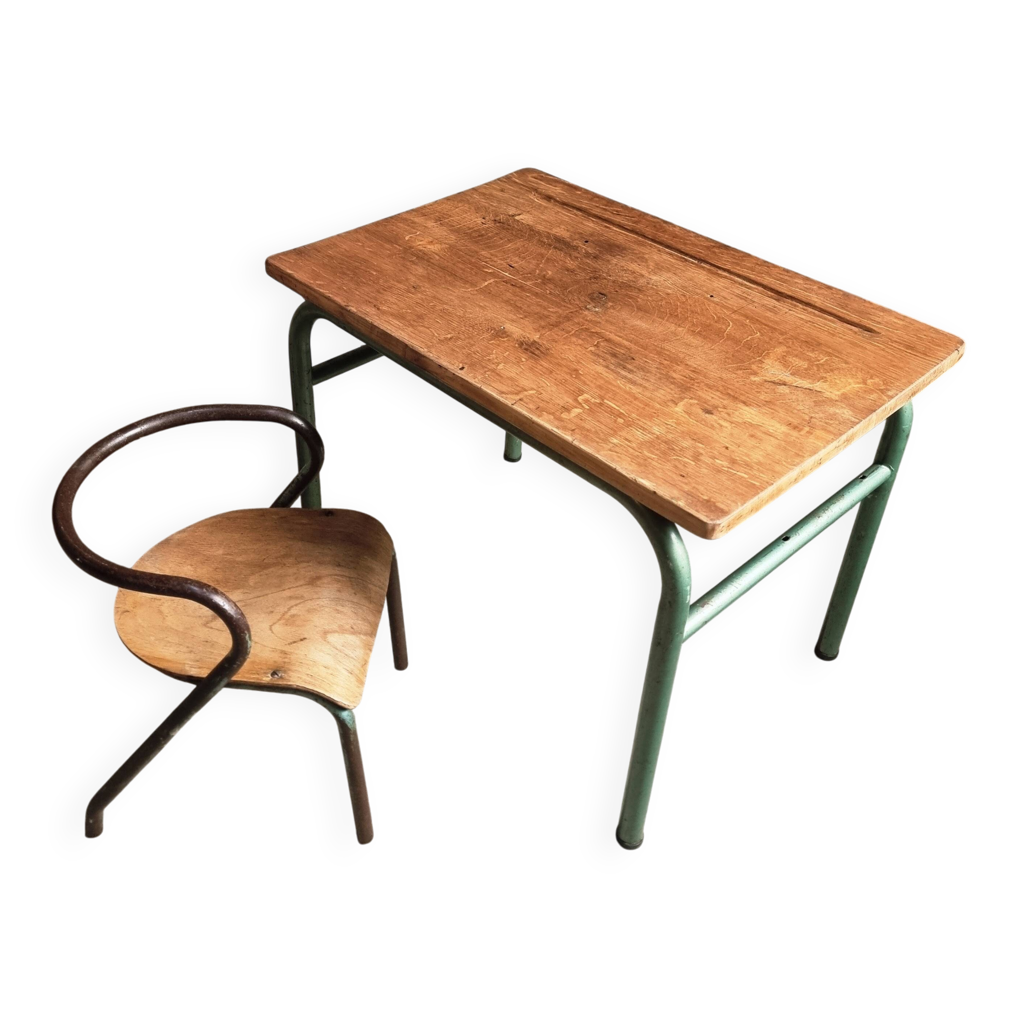 Ensemble bureau et chaise d’écolier vintage – Mobilier scolaire industriel