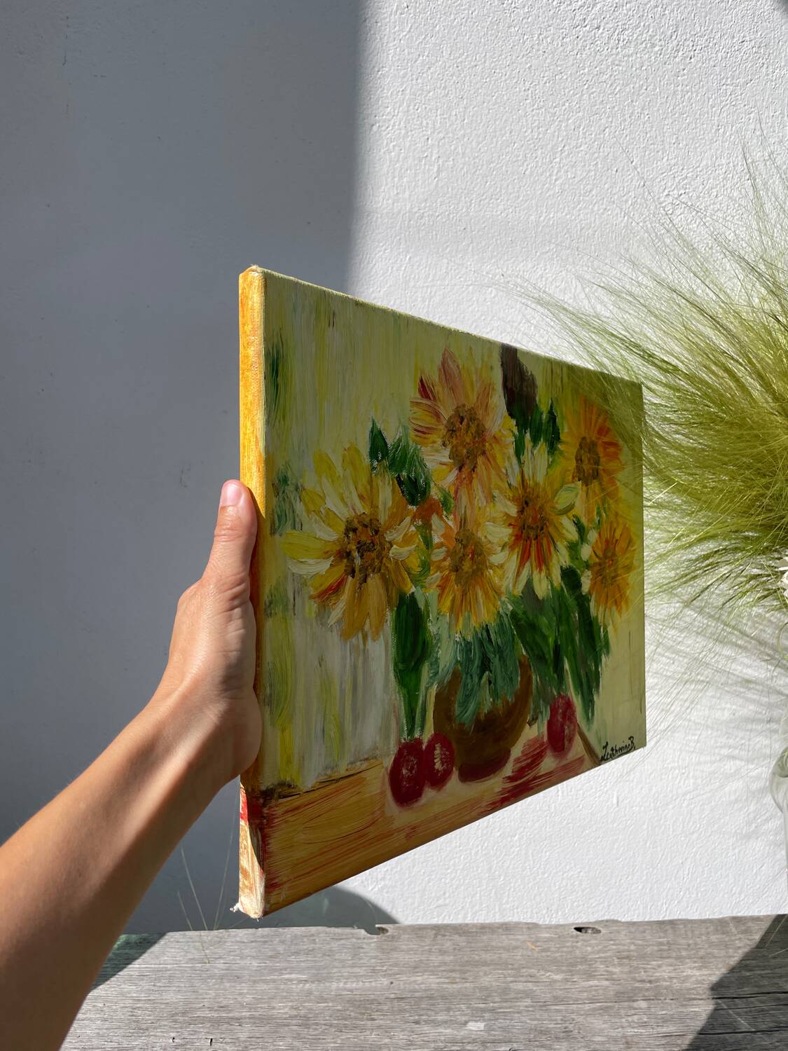 Oil on canvas of a bouquet of sunflowers