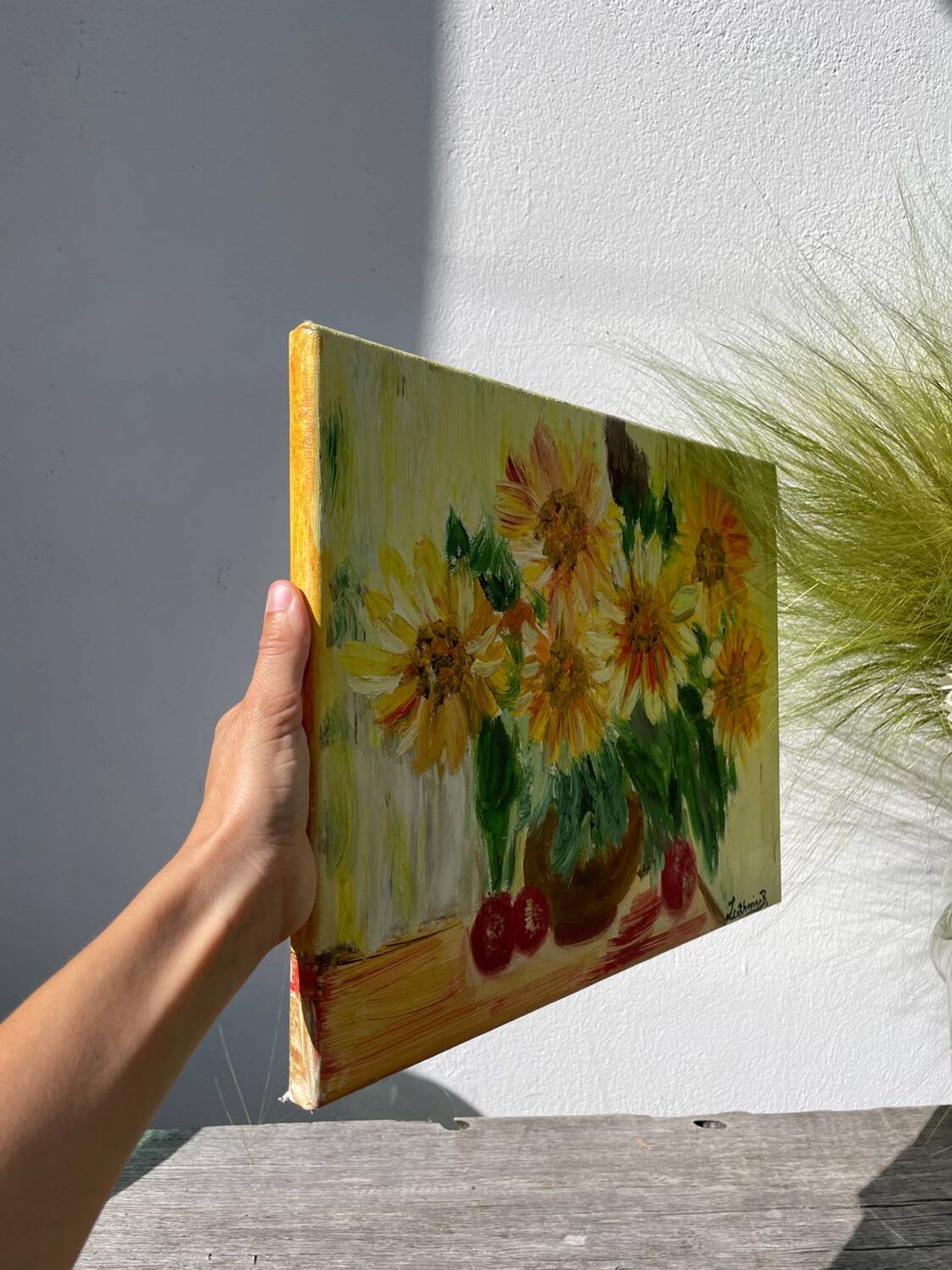 Huile sur toile d’un bouquet de tournesols