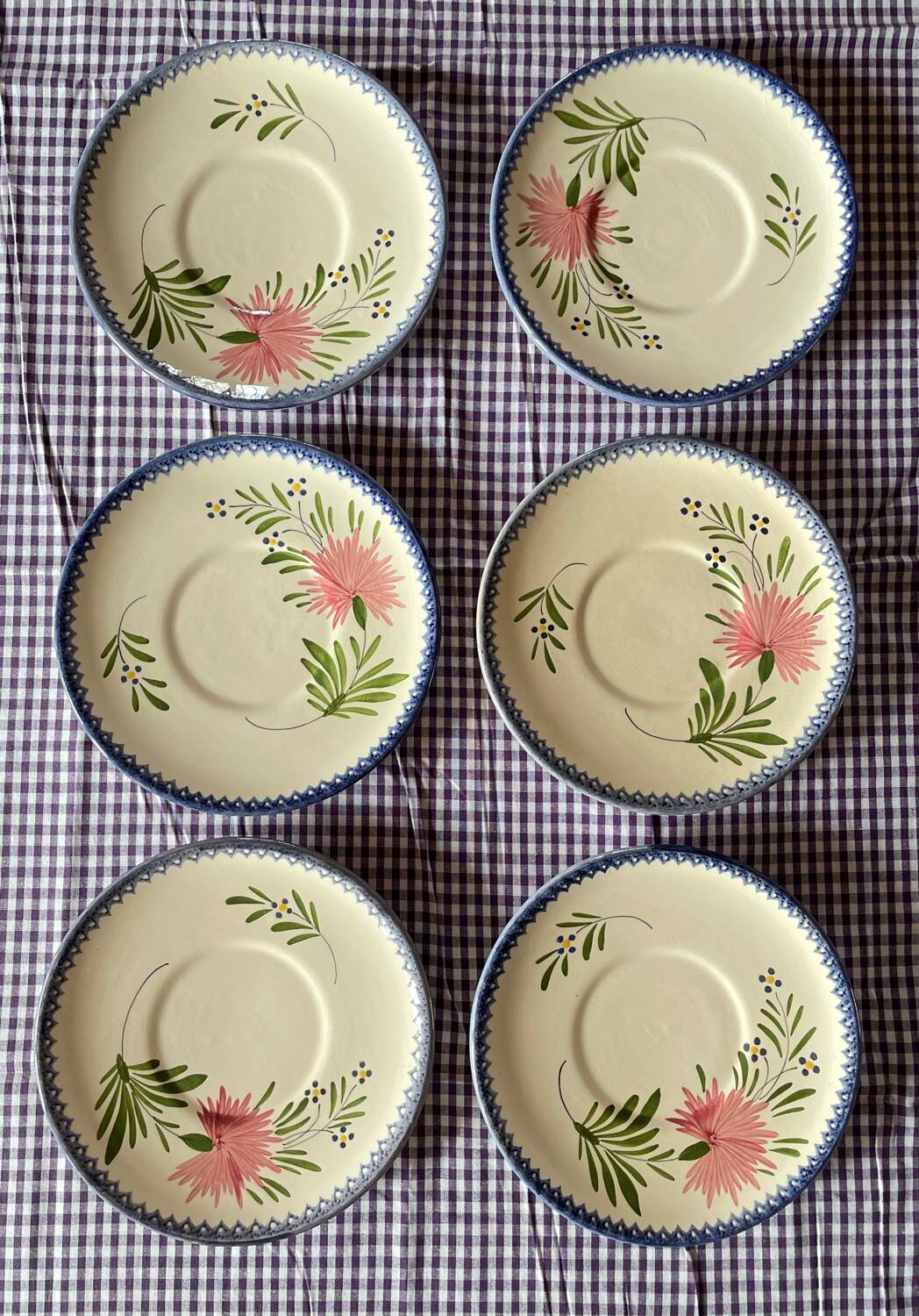6 vintage Charolles dessert plates with hand-painted floral decor