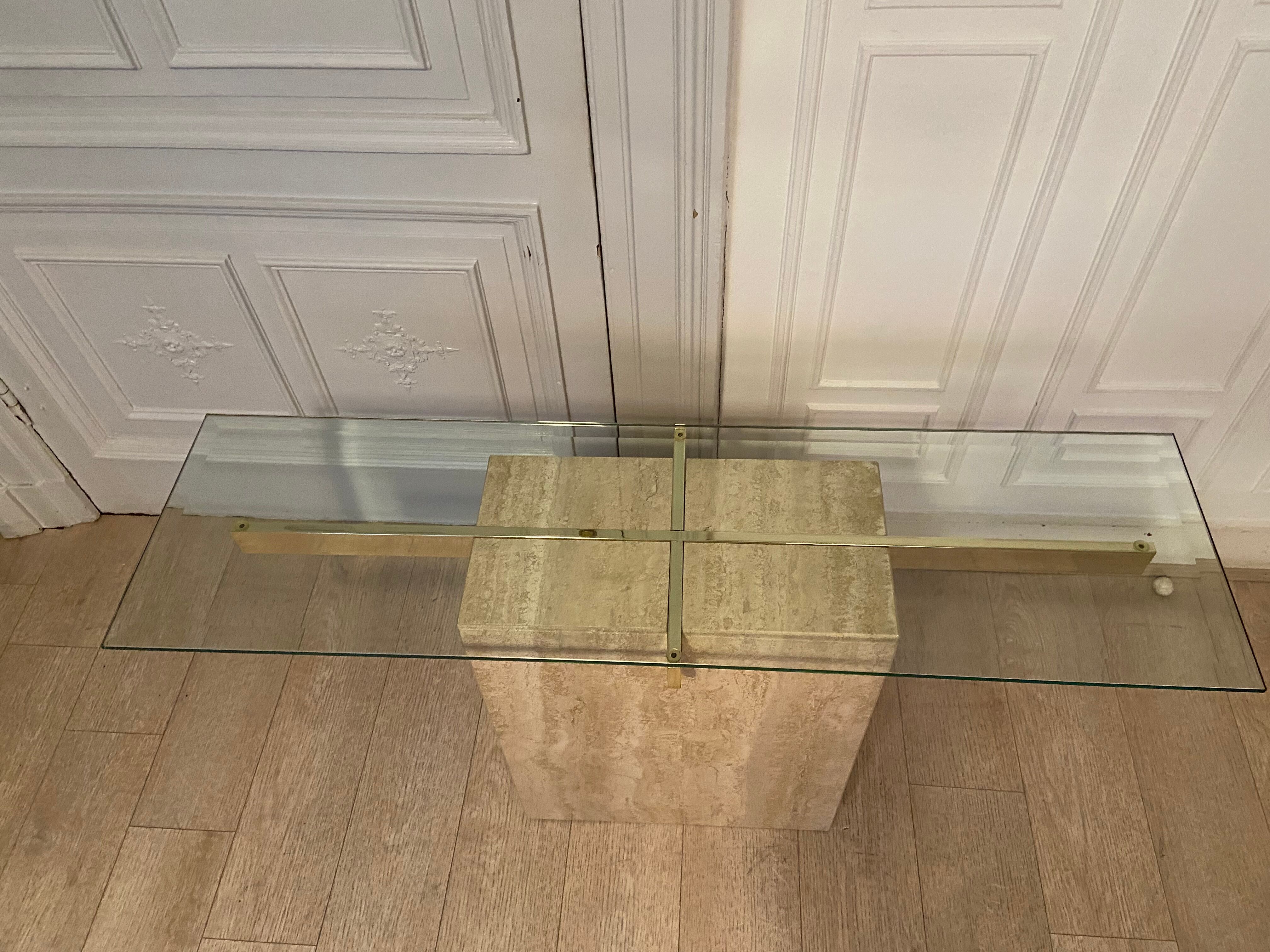 Travertine console and gold metal cross, Italy, 1970s