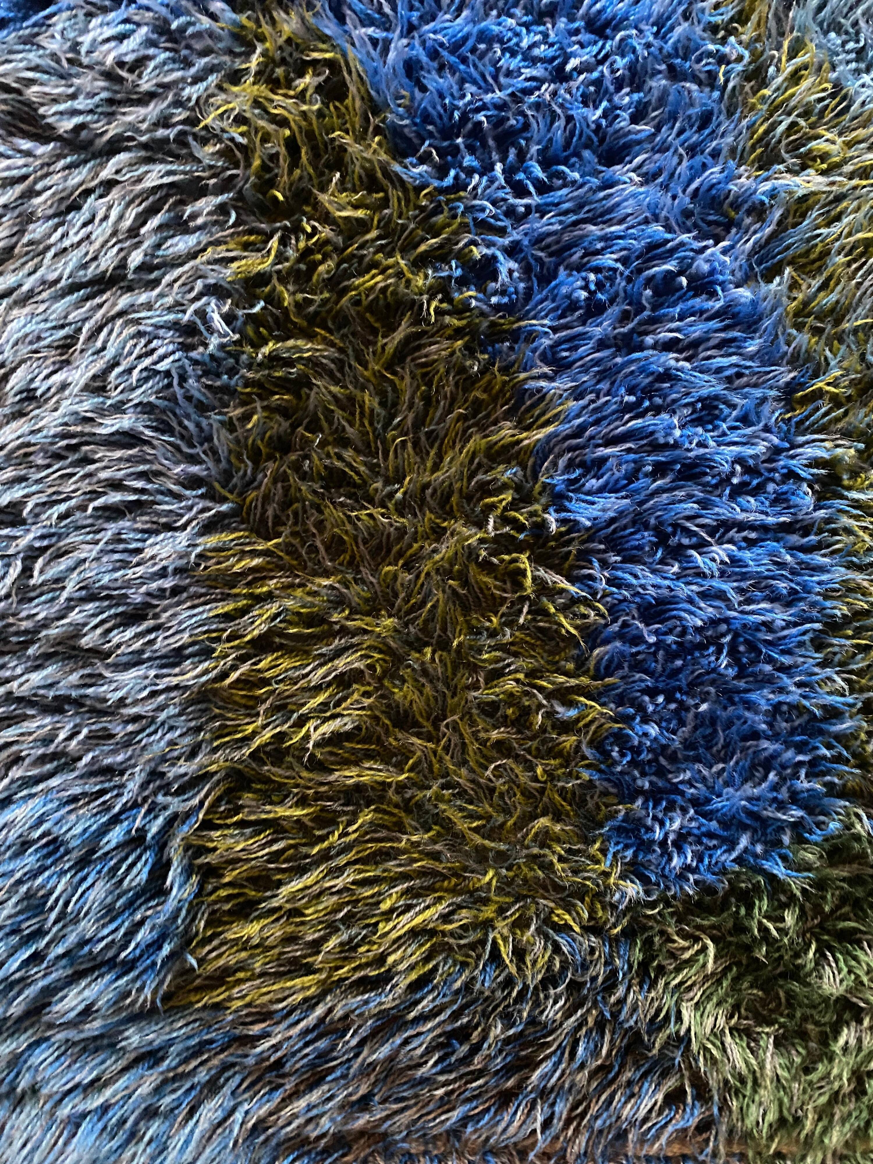 Mid-century Modern High Pile Blue Rya Rug, Sweden, 1960s
