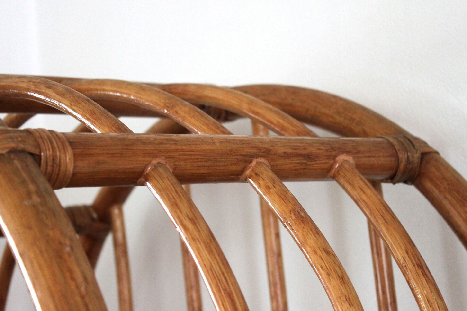Woven rattan and bent bamboo arched bookcase display high wall cabinet.