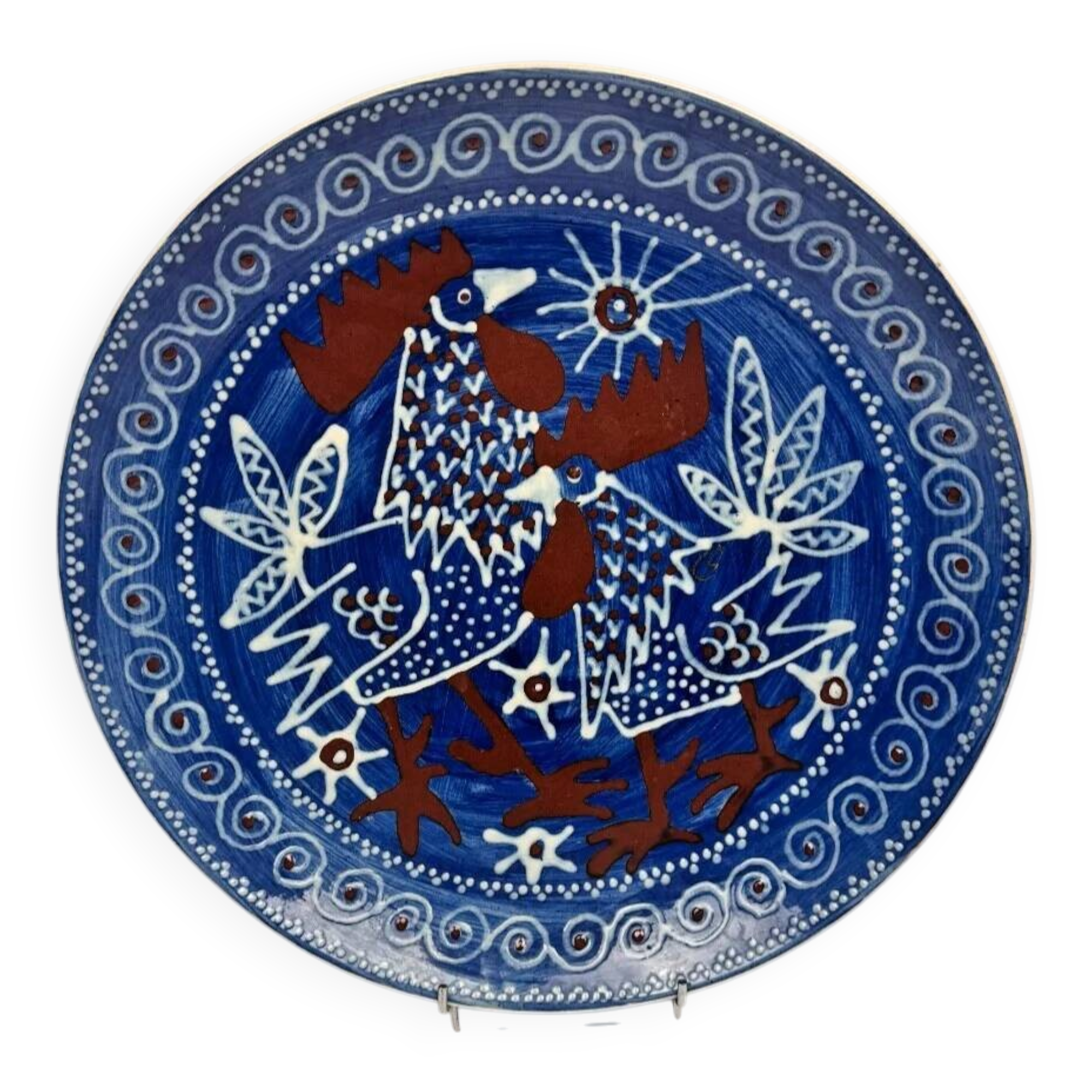 Large ceramic dish with roosters by Svend P. Jørgensen 1966 Ravnild Denmark