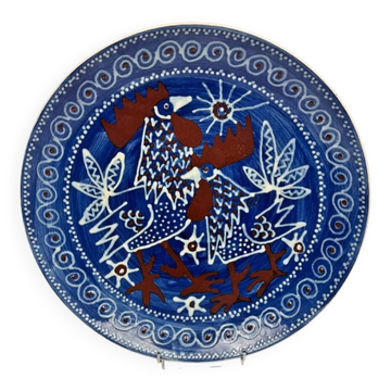 Large ceramic dish with roosters by Svend P. Jørgensen 1966 Ravnild Denmark