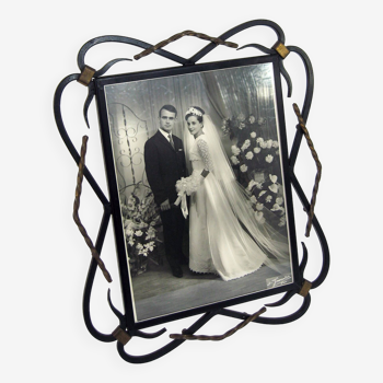 Cadre photo sur pied en fer forgé noir et doré - vintage années 50
