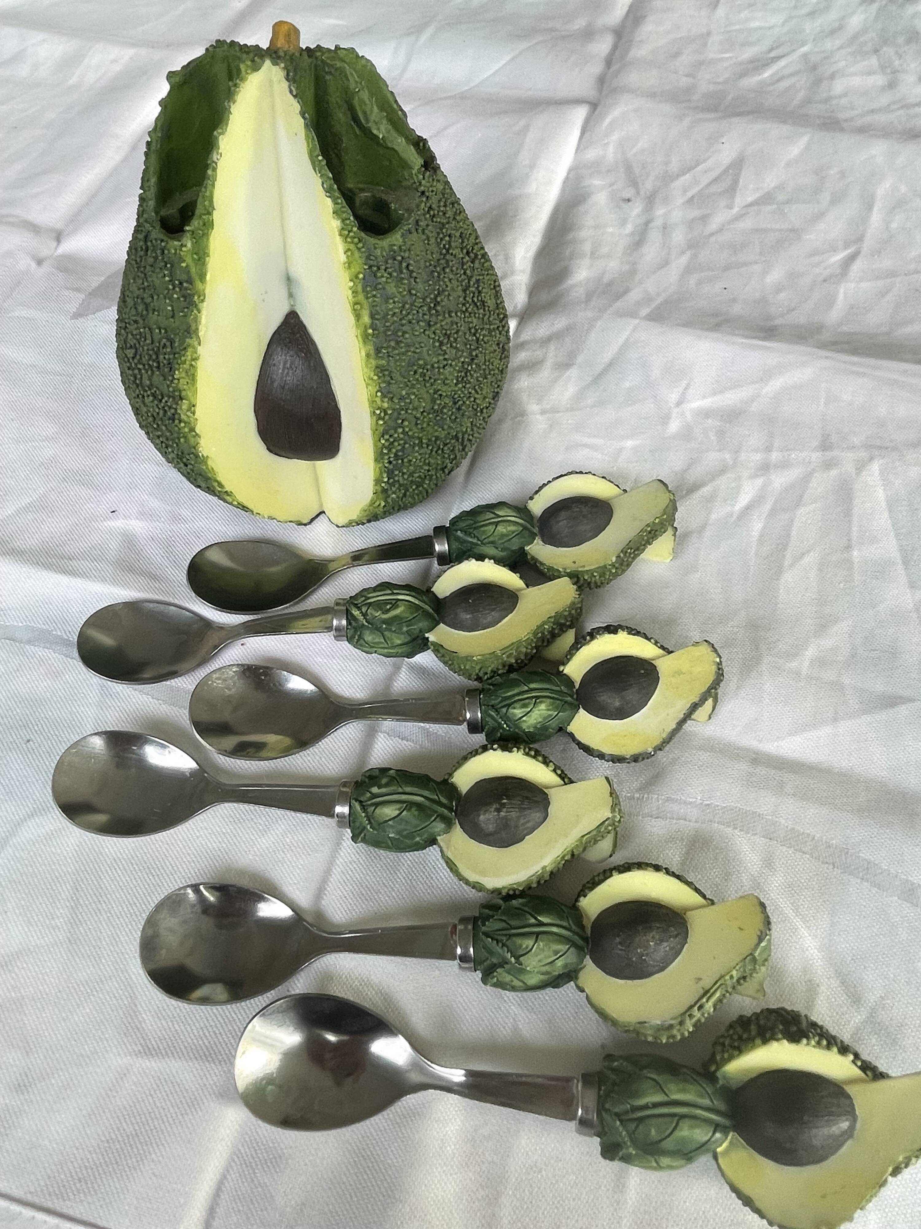 Barbotine-style avocado and 6 avocado spoons Vintage 80 Siléa