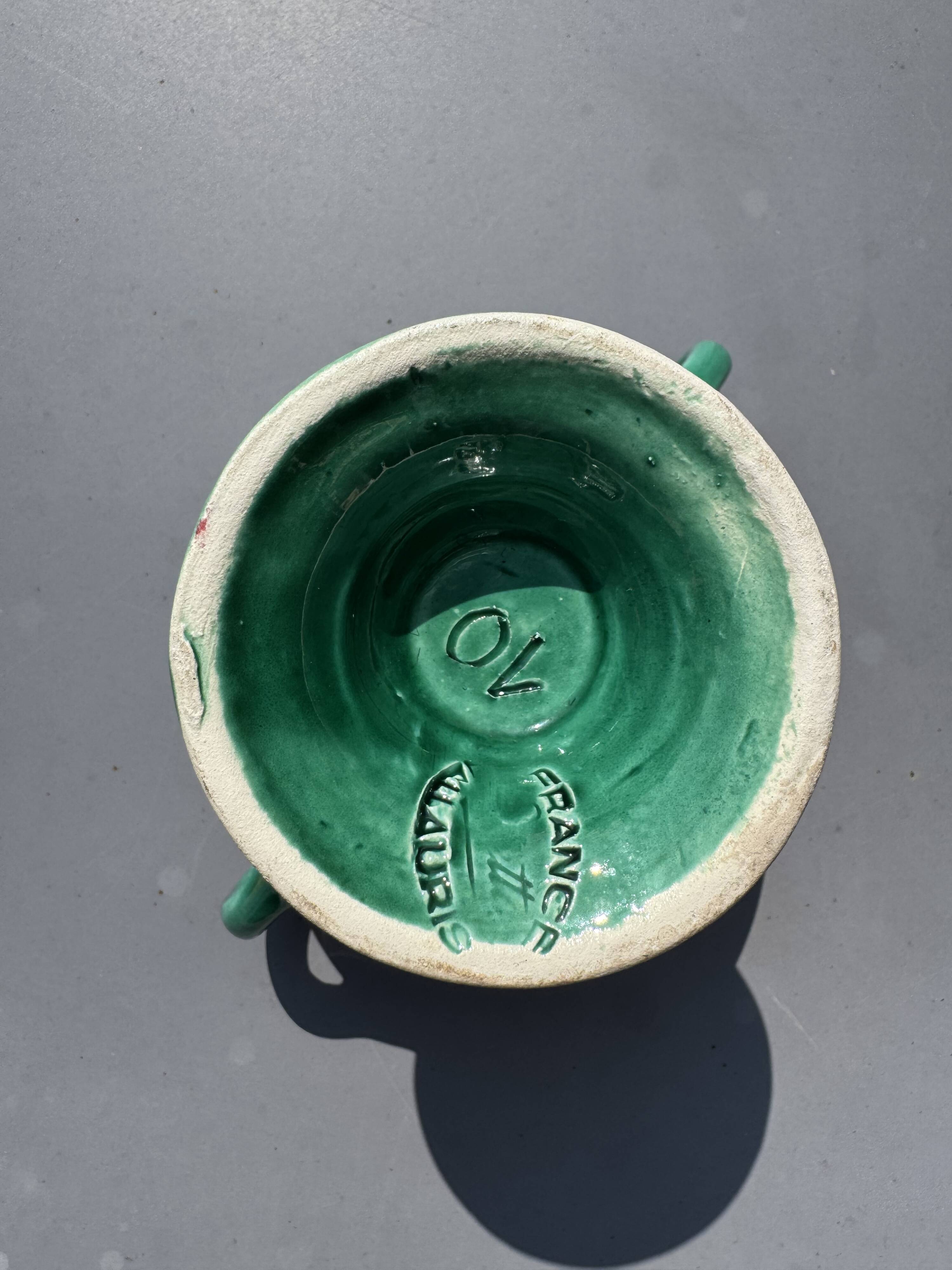 Ceramic glazed green jug and sugar bowl set, Vallauris