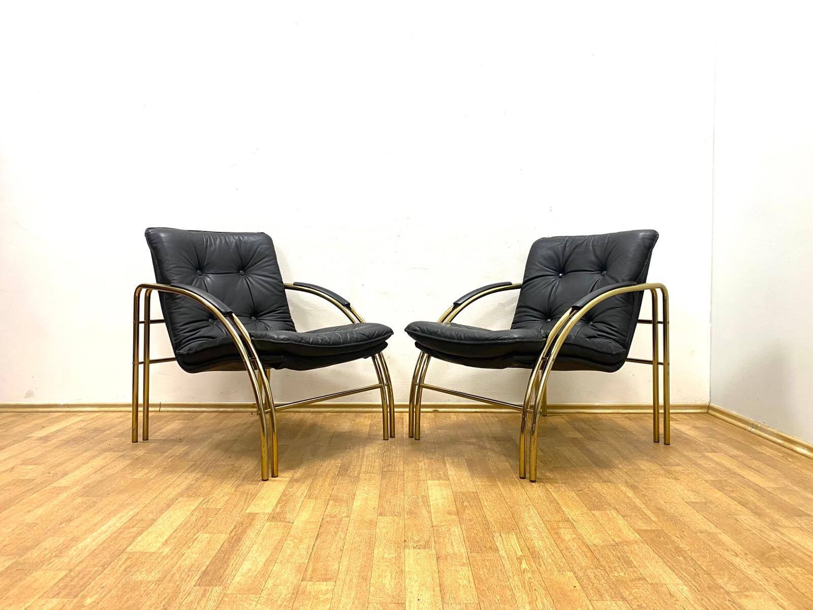 Vintage Leather and Metal Armchairs, 1990s, Set of 2
