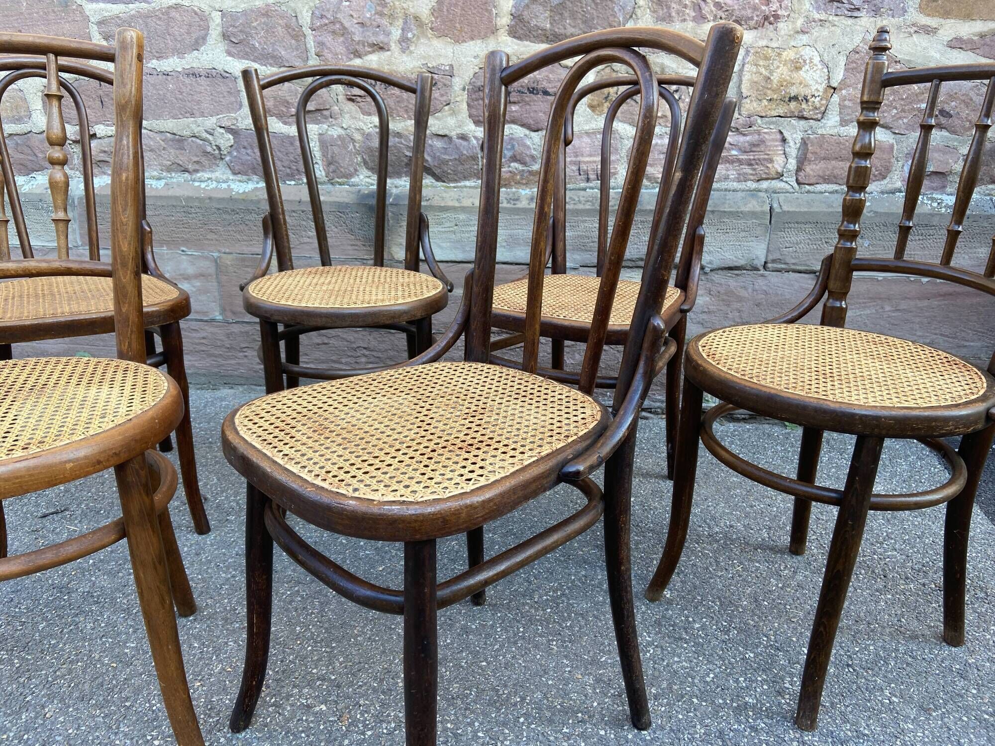 Set of 6 mismatched Viennese bistro restaurant chairs from the 1920s