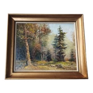 Huile sur panneau paysage de sous-bois,