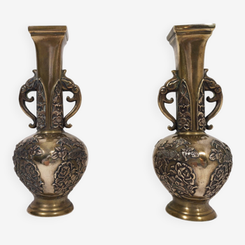 Paire de Vases en Bronze / 1868-1912 Japon Epoque Meiji / Signés aux Fleurs et Oiseaux