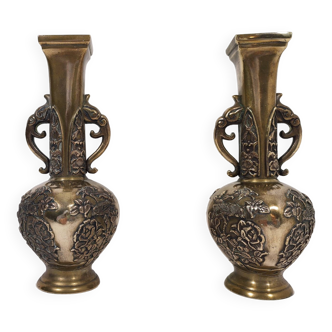 Paire de Vases en Bronze / 1868-1912 Japon Epoque Meiji / Signés aux Fleurs et Oiseaux