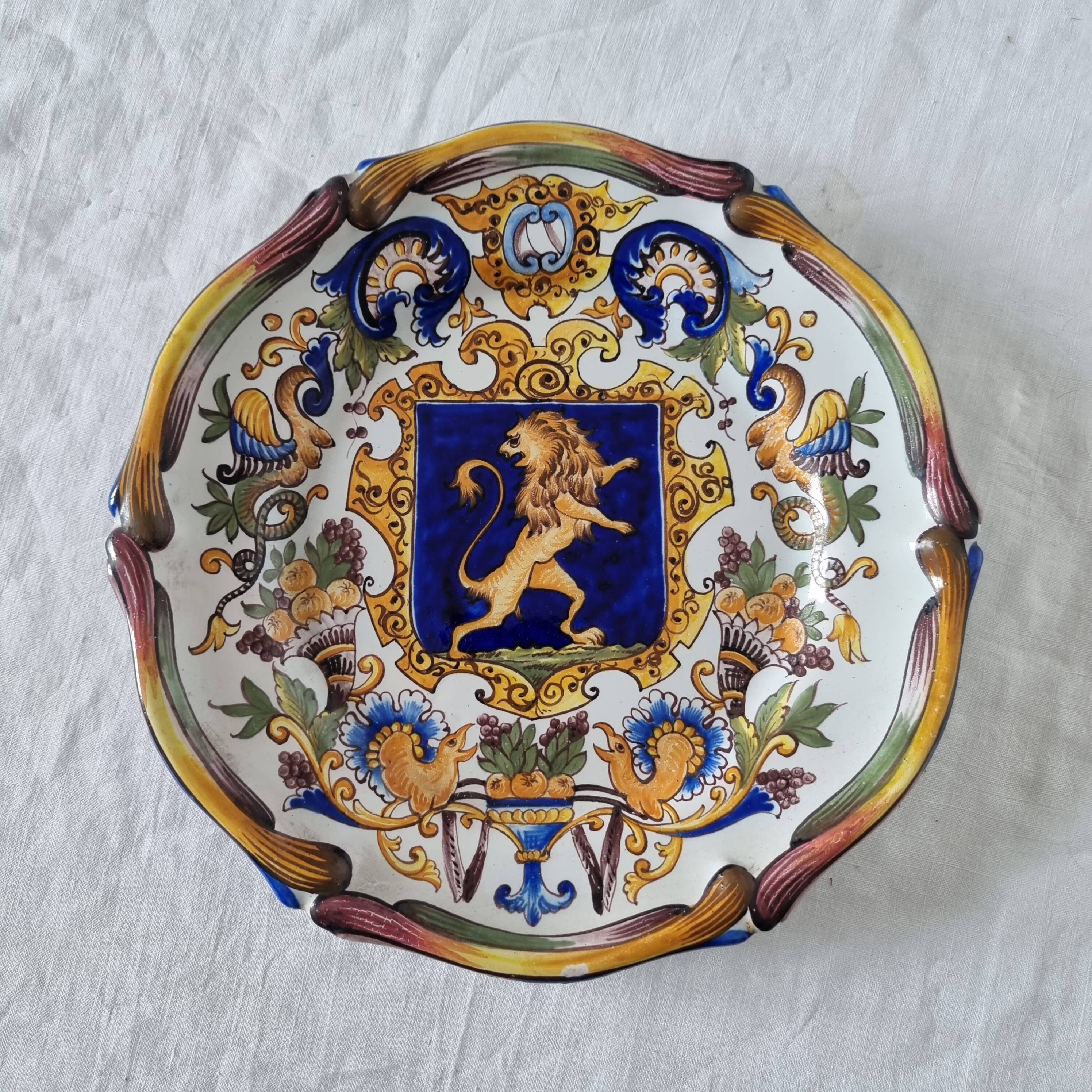 Magnificent antique French earthenware plate with shields signed Keller