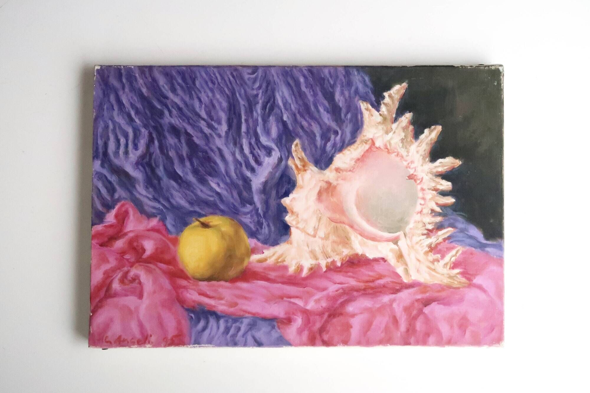 Painting, still life with shell by Cécile Angeli, 90s
