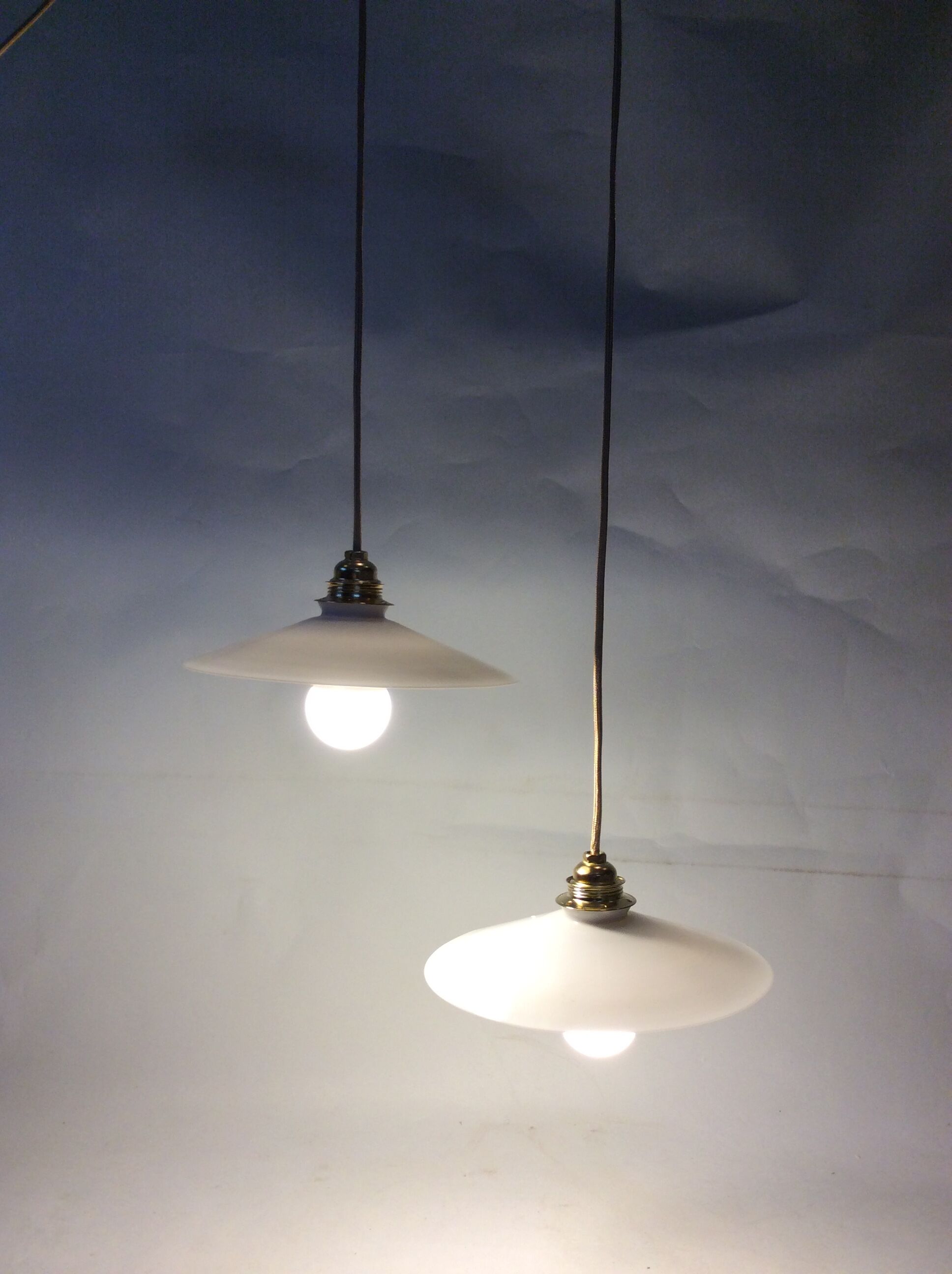 Duo of vintage opaline pendant lights