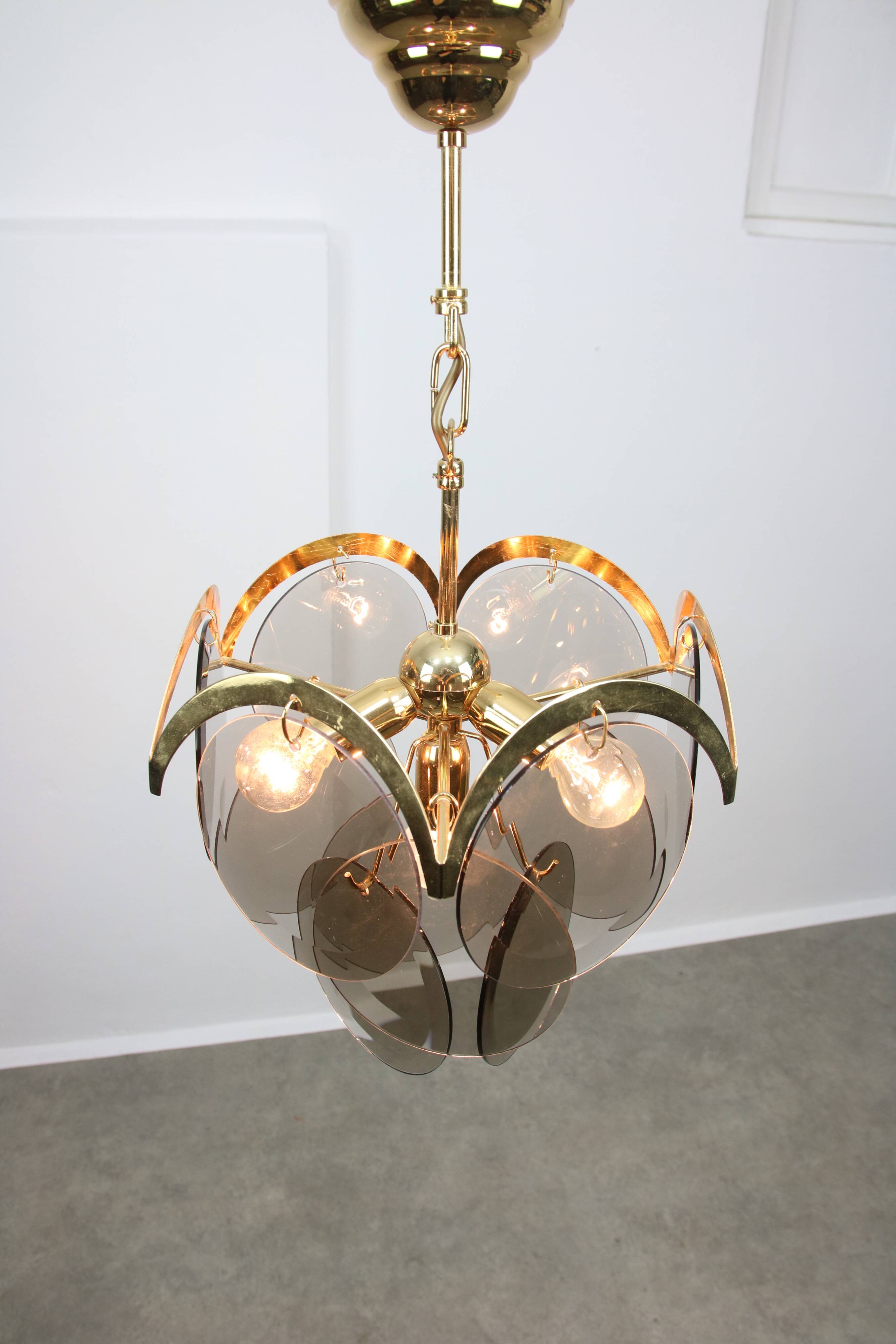 Vintage Vistosi Chandelier: Gold & Smoked Glass, Italian Mid-Century Lighti