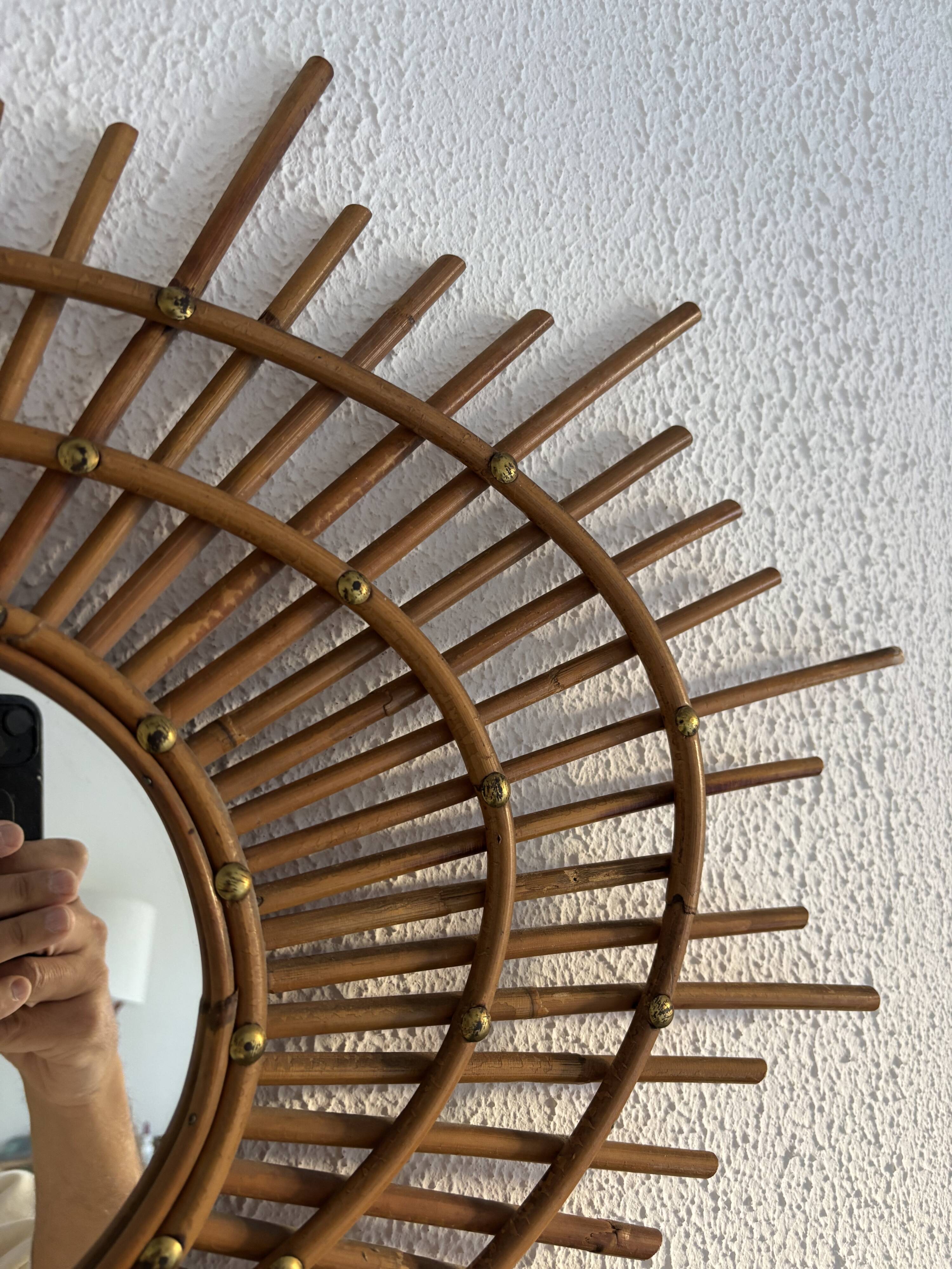 Vintage 1960s sun mirror, rattan, ORTF style, spiral eye - 66 x 50 cm
