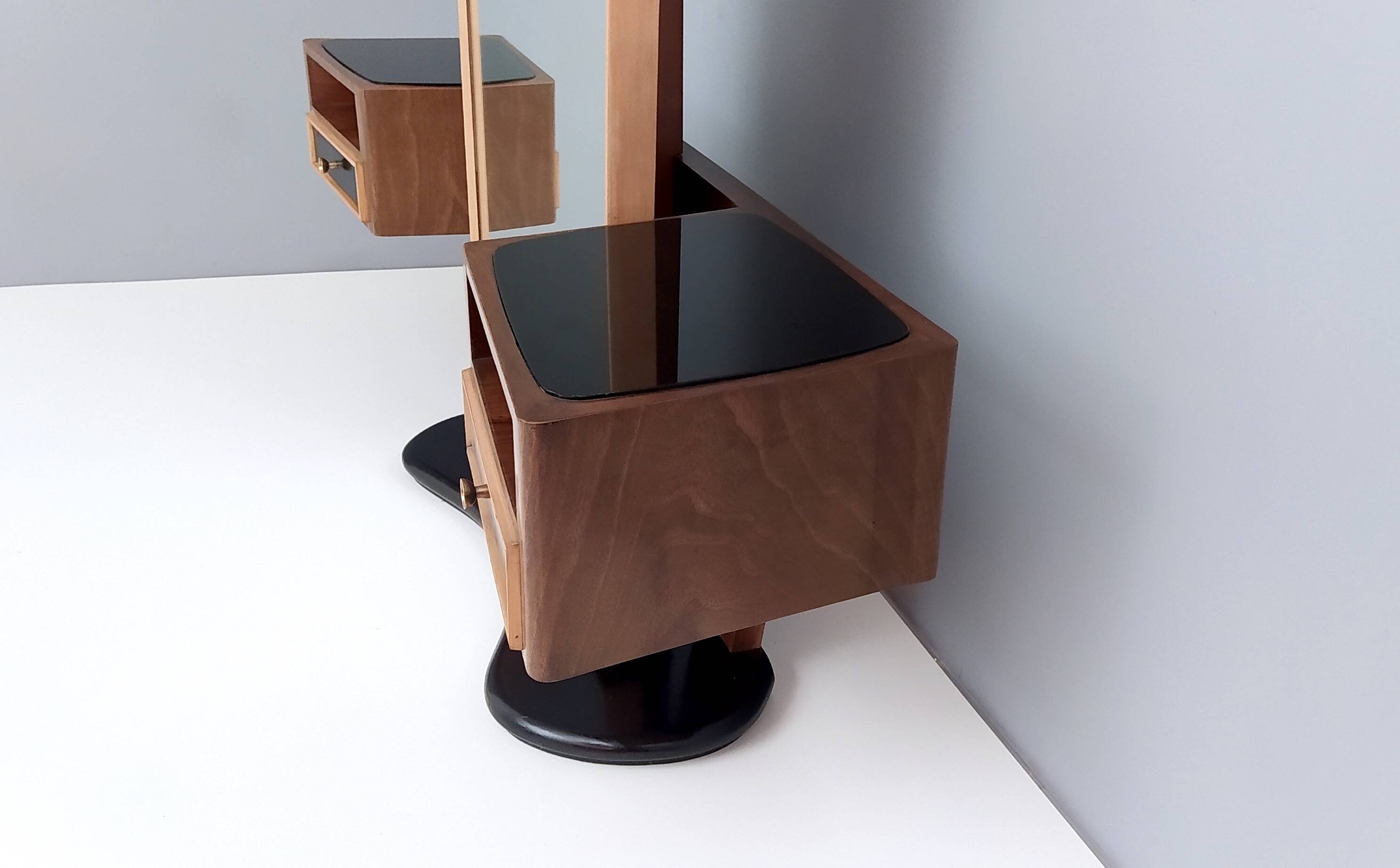 Wooden Entryway Mirror Organizer with Black Glass Tops, Italy