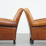 Set of 2  vintage cognac-colored sheep leather armchairs