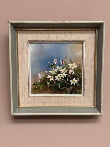 Mid-Century Oil on Panel “Flowers” by G. Sigrand, Vintage & Framed 24 × 24 cm