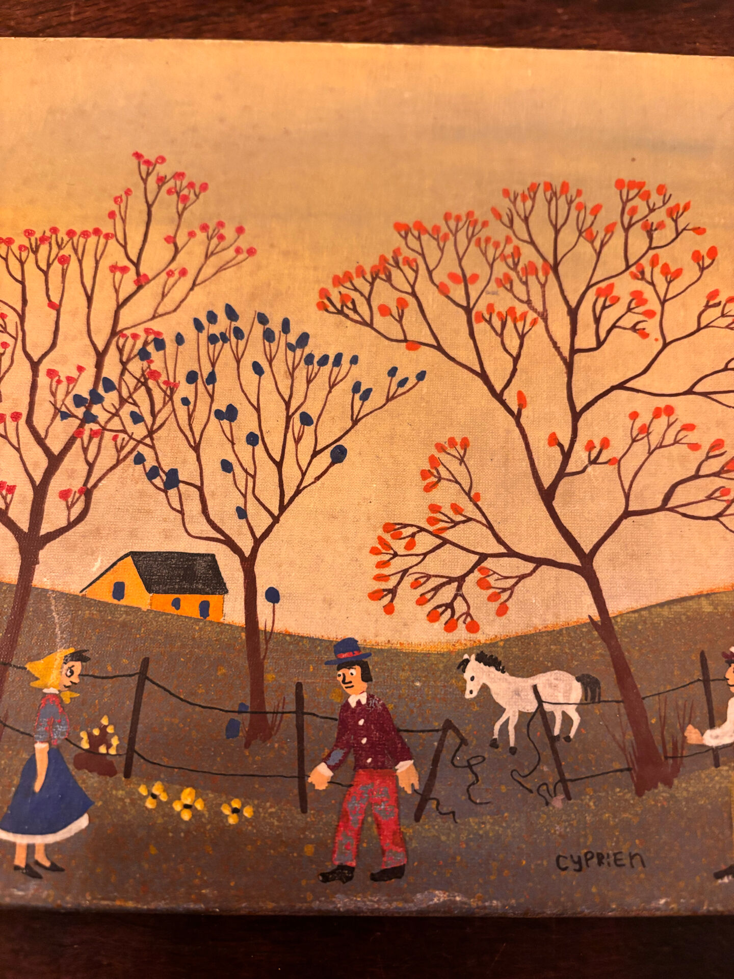 Tableau d'art naïf vintage - Scène champêtre. Art populaire