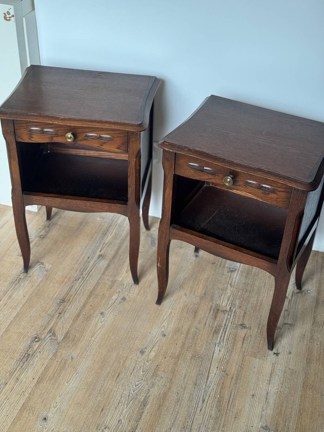 Pair of antique wooden bedside tables