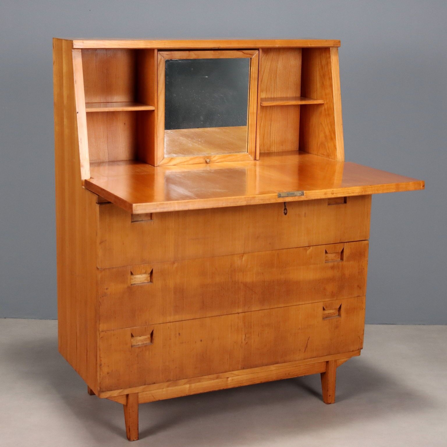 Vintage cabinet with drop-down design, wood, 3 drawers from the 1960s, original