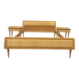 Vintage oak and rattan bed + 2 matching bedside tables – 1950s/60s – invoice