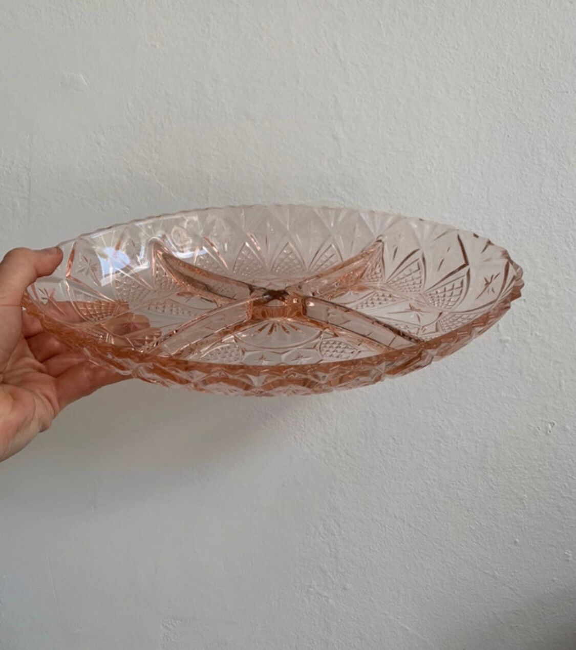 Vintage aperitif dish in chiseled pink glass