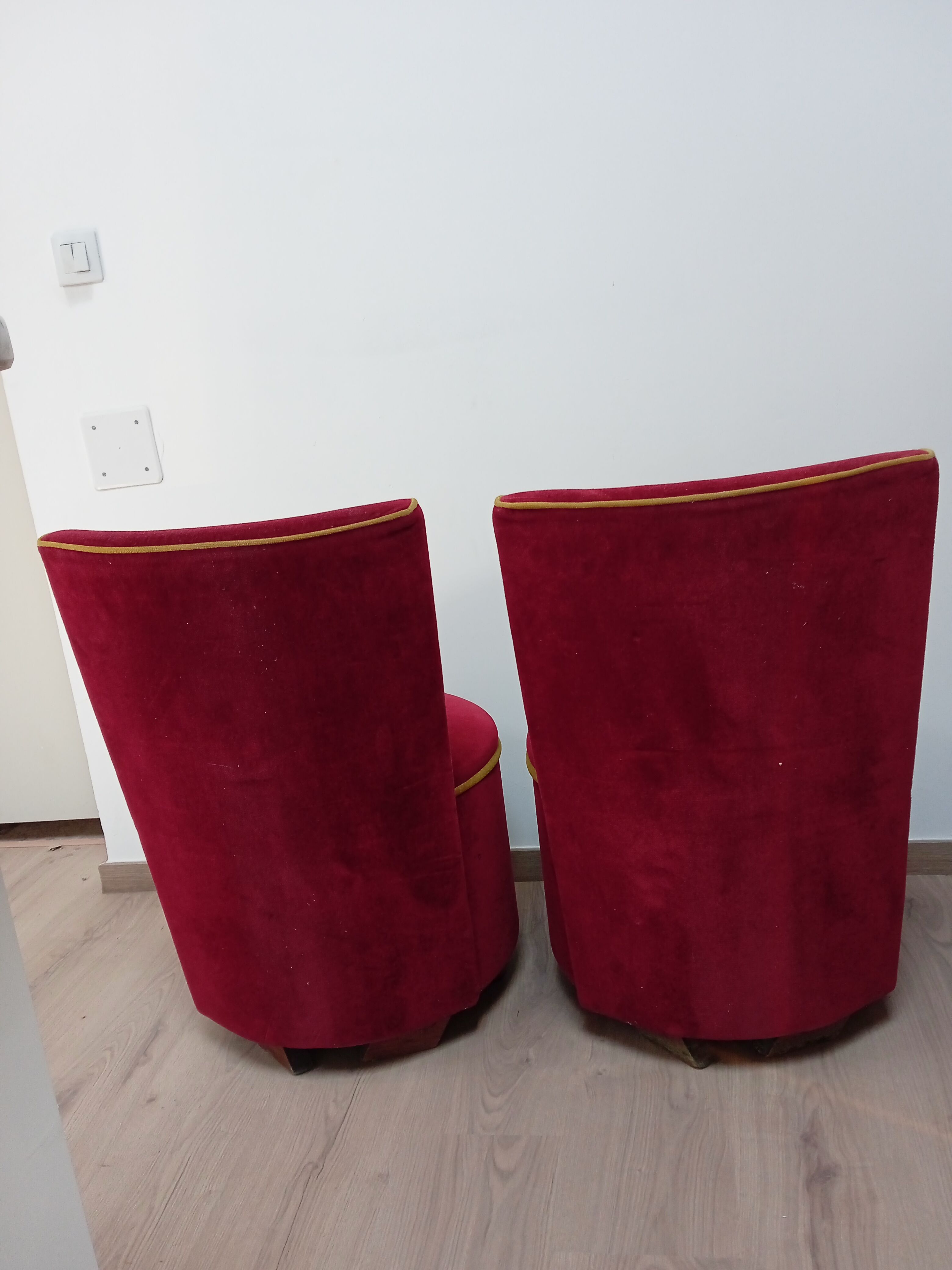 Pair of cabaret armchairs red velvet gold border