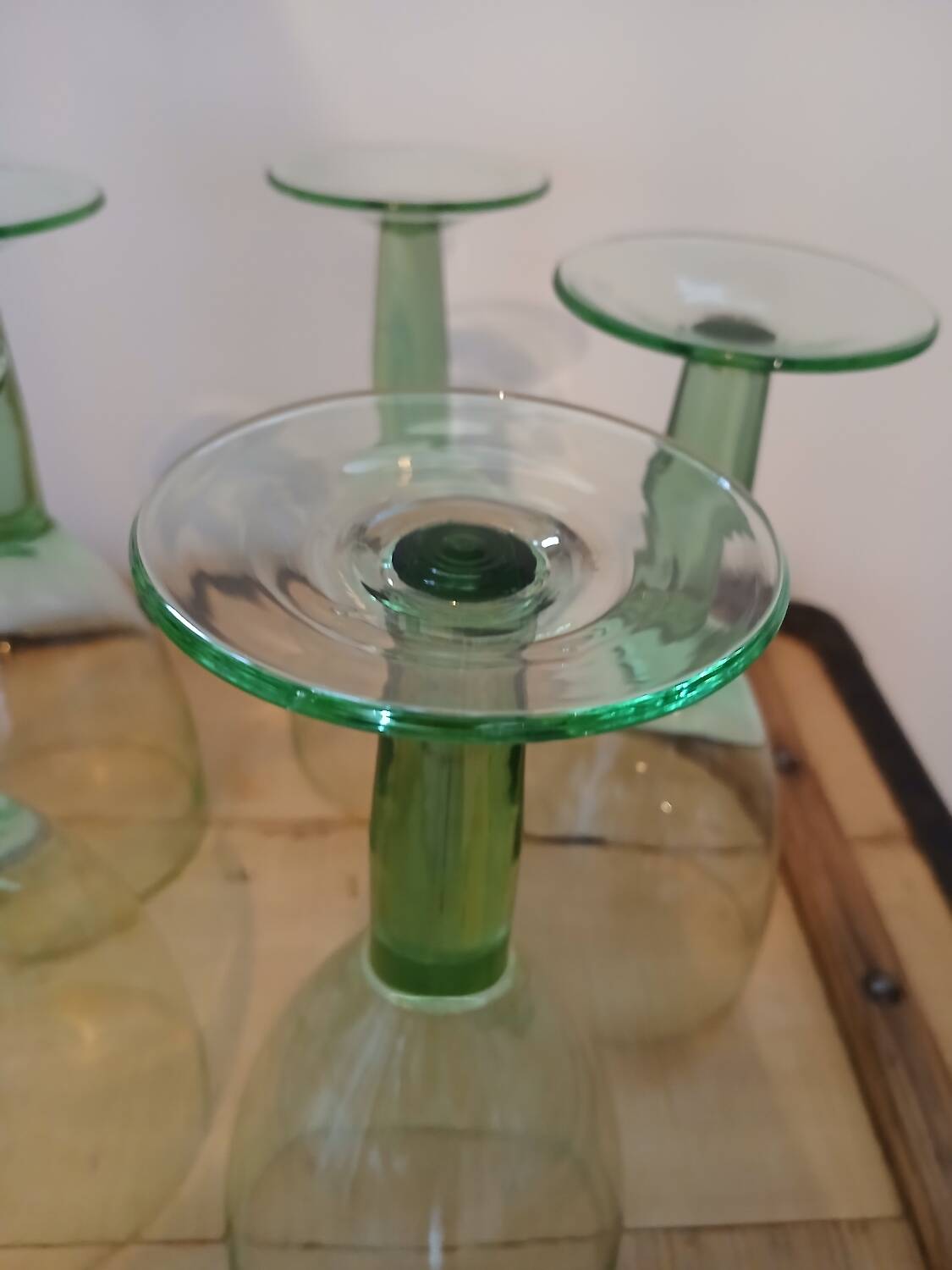 5 large green stemmed glasses