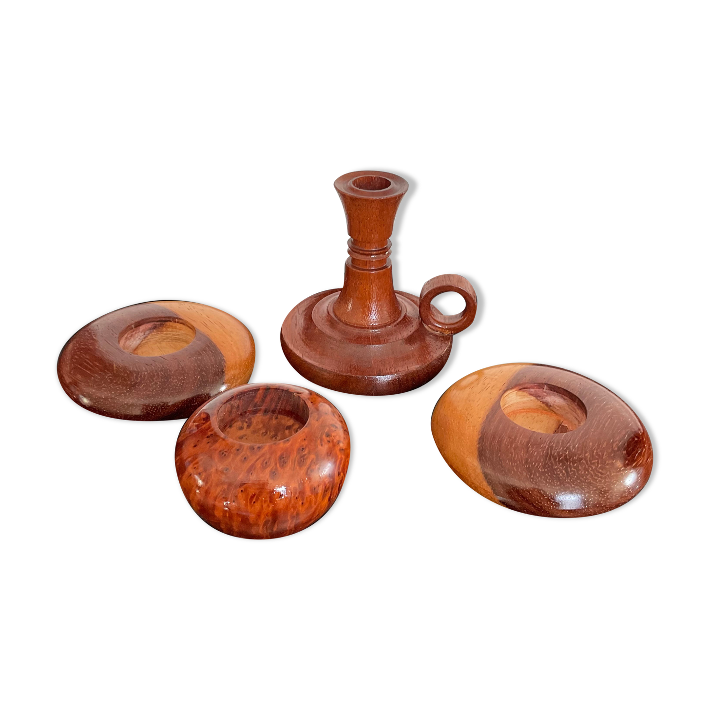 Series of 4 vintage wooden candle holders