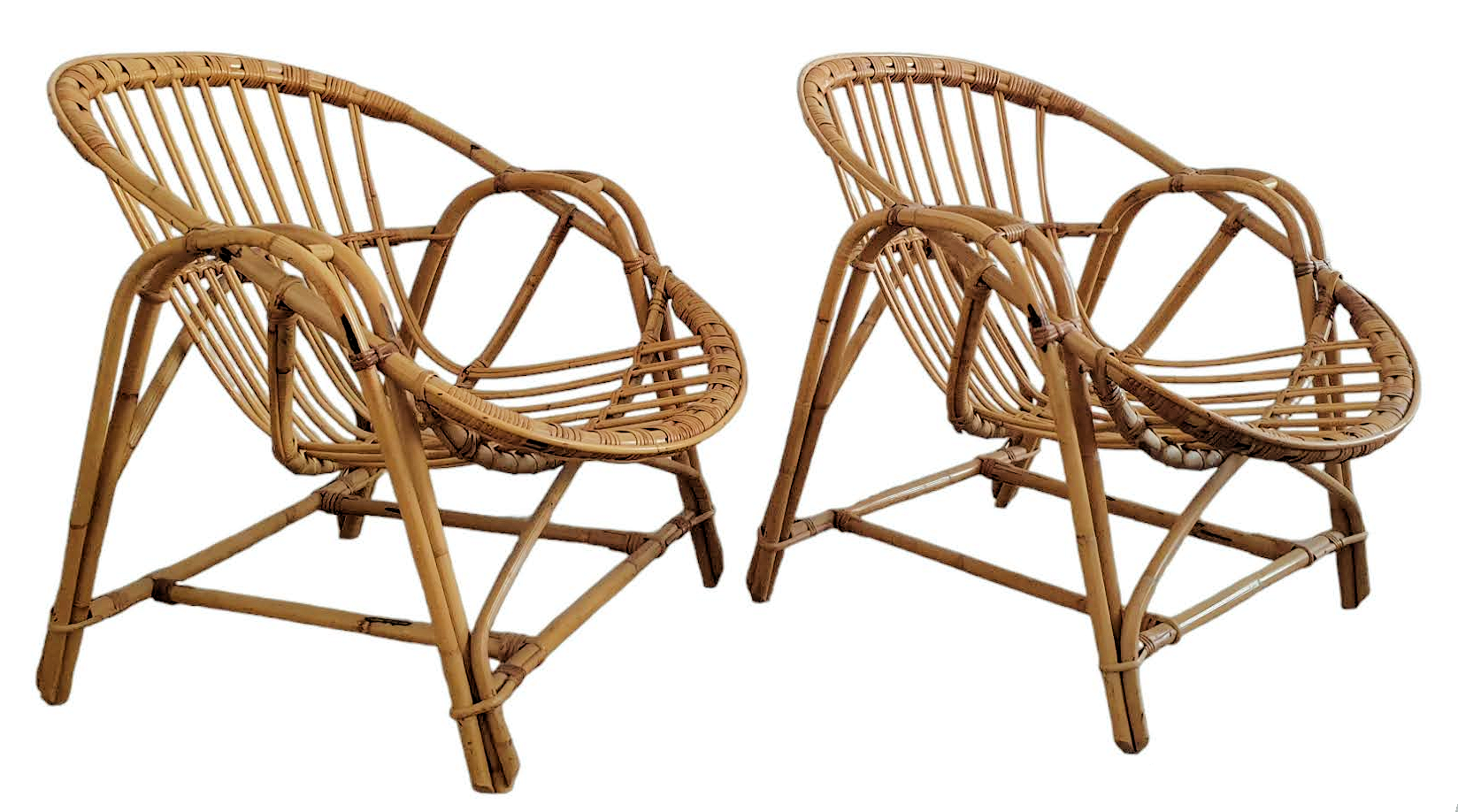 Duo of rattan shell armchairs 1970