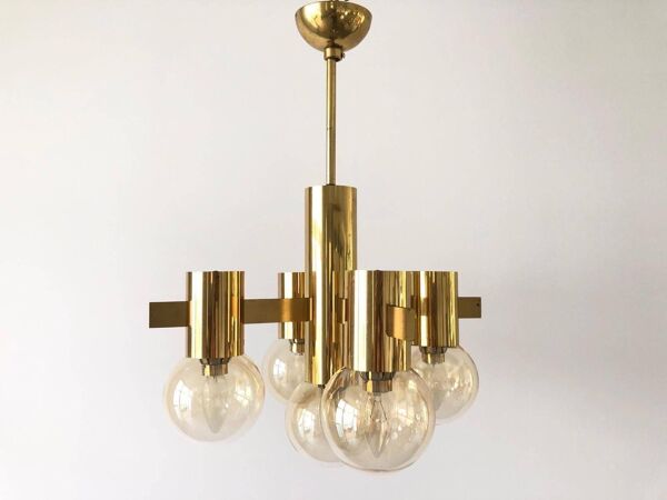 Lustre en laiton et verre fumé attr. H. Agnes Jacobsson, années 1960, Suède