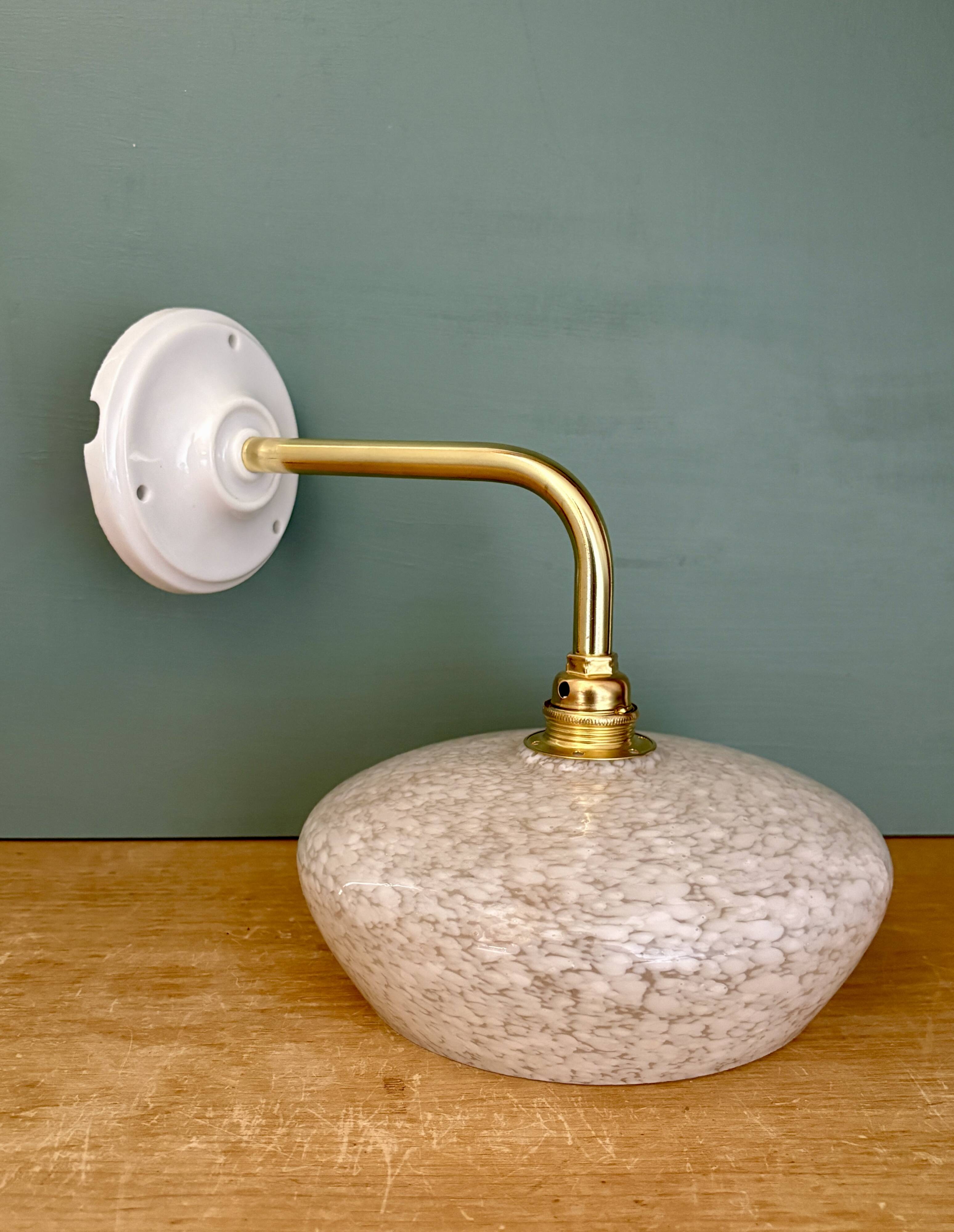 Vintage glass wall lamp with a curved arm from Clichy, white.