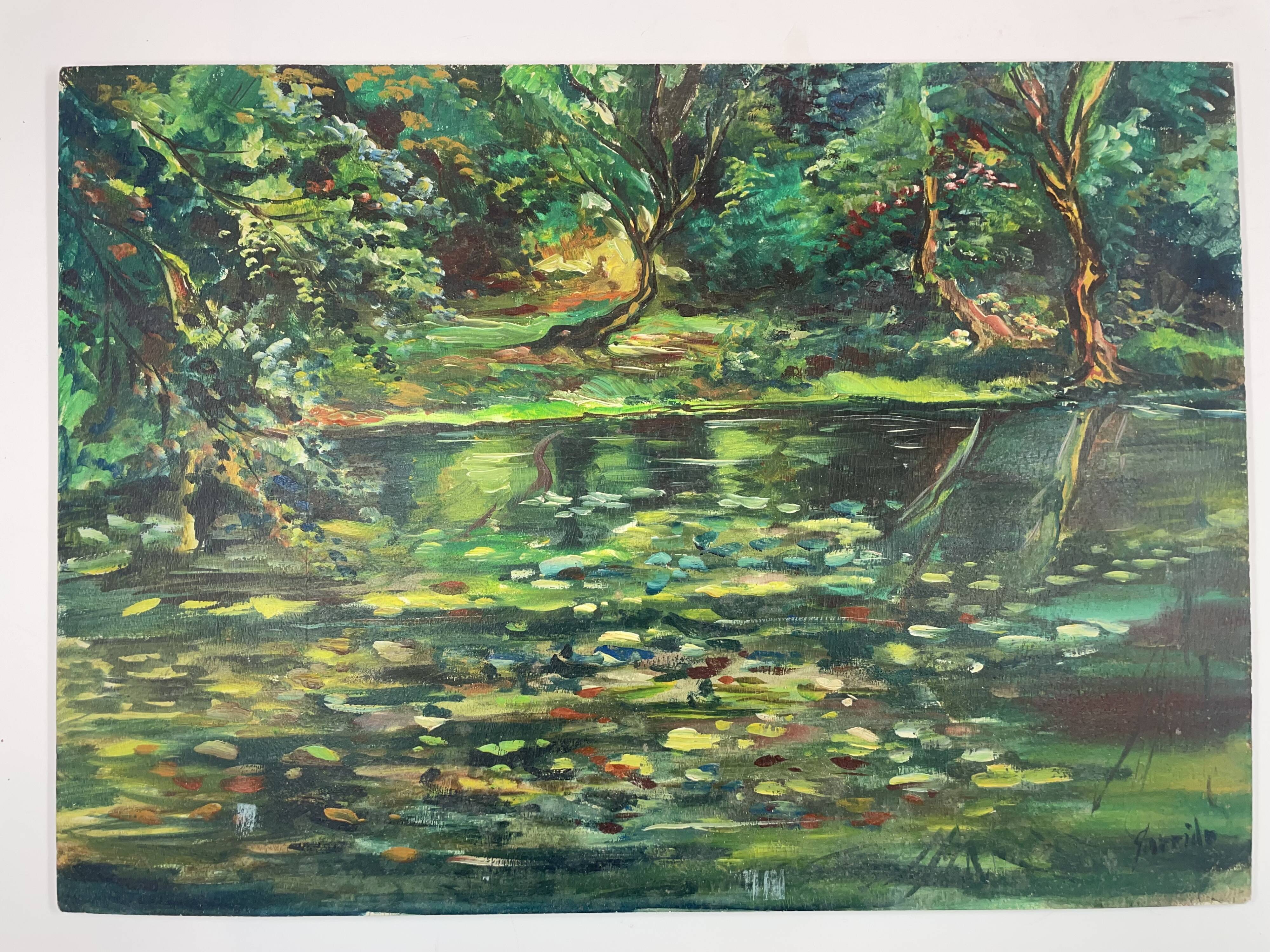 Huile sur panneau, Mare en sous bois bord du marais breton, signature identifier