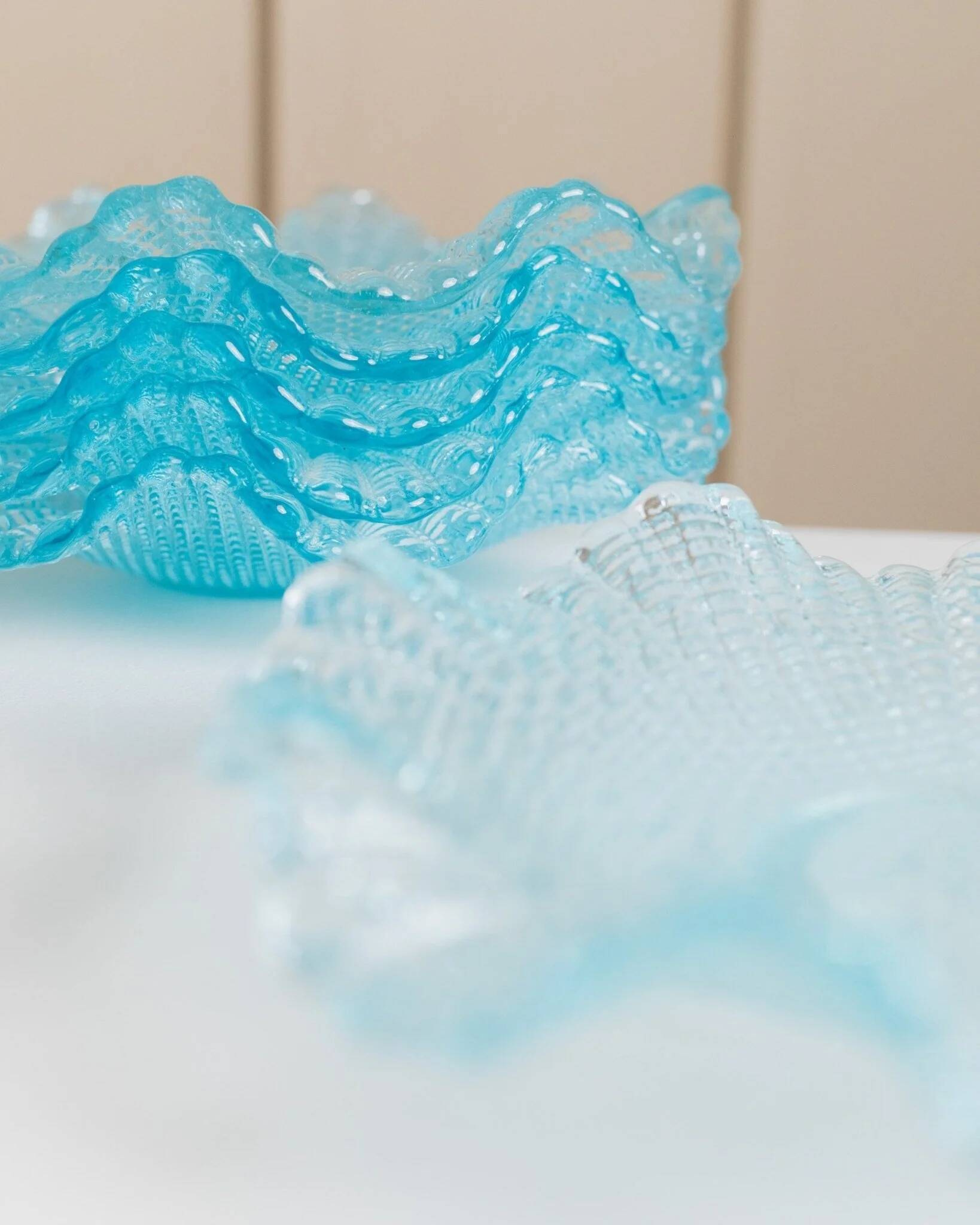 Six-piece turquoise crystal glass bowls, vintage 1980s, ruffled scalloped rims, pressed texture