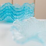 Six-piece turquoise crystal glass bowls, vintage 1980s, ruffled scalloped rims, pressed texture