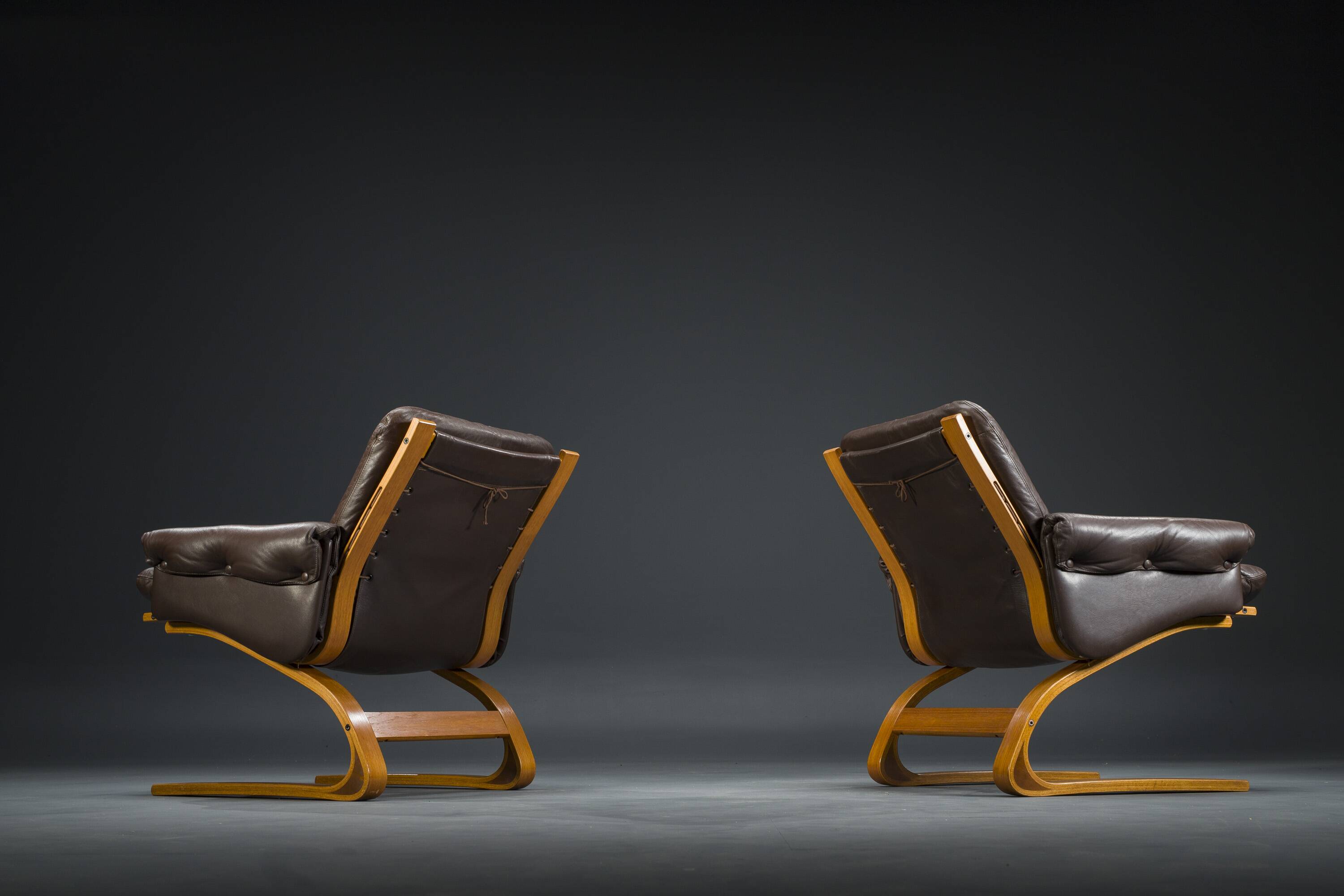 Brown Leather Armchairs by Elsa & Nordahl Solheim for Rybo Rykken & Co., 1970s, Set of 2