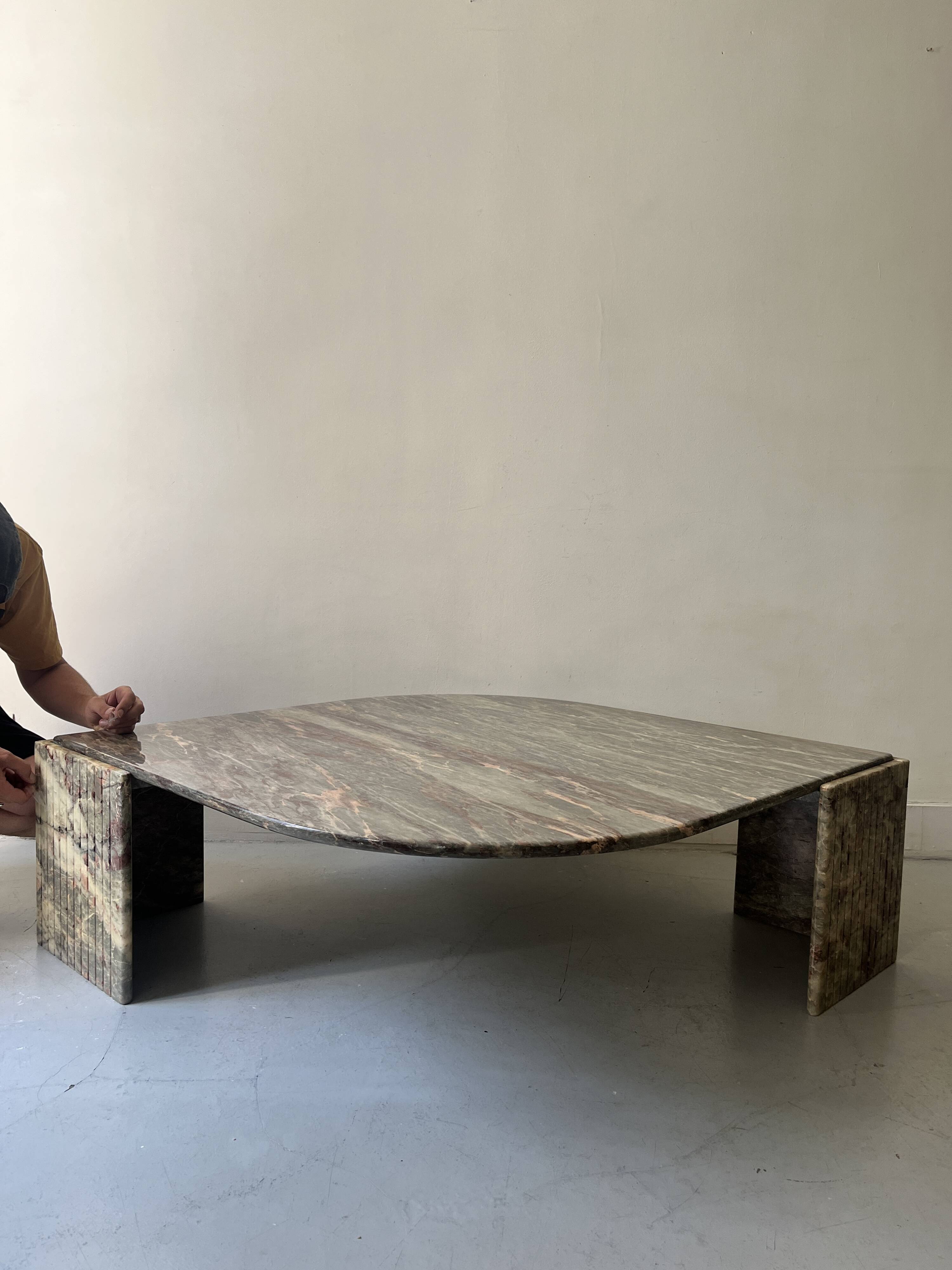 water green, beige and pink/burgundy marble drop coffee table, Roche Bobois 1970