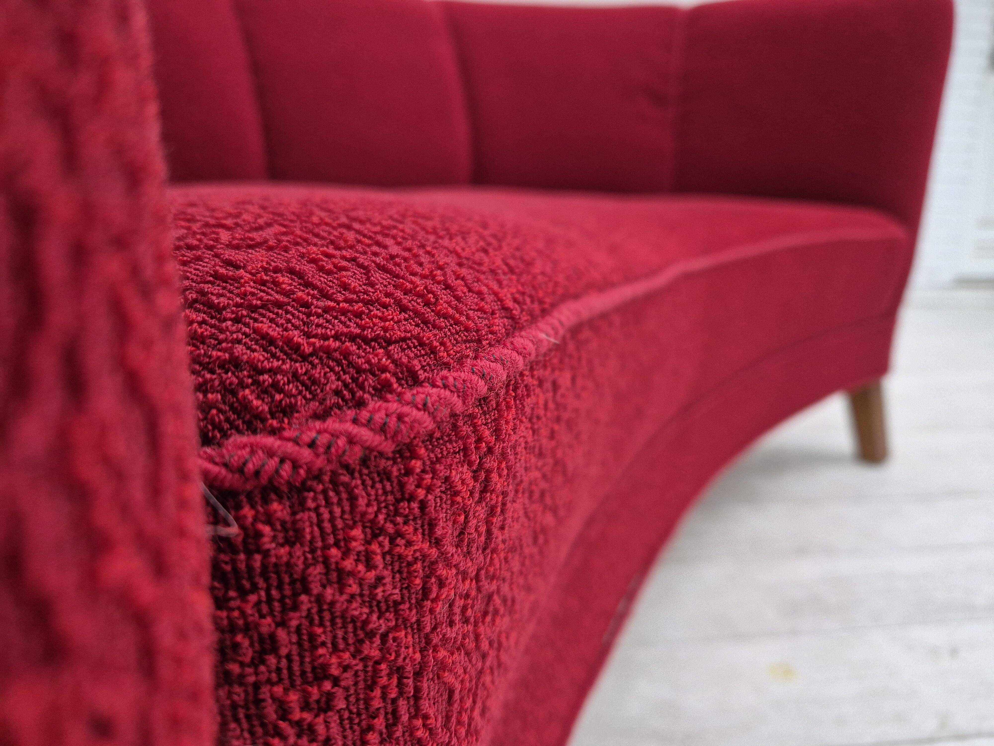 1960s, Danish 2-seater curved sofa, original red furniture fabric.