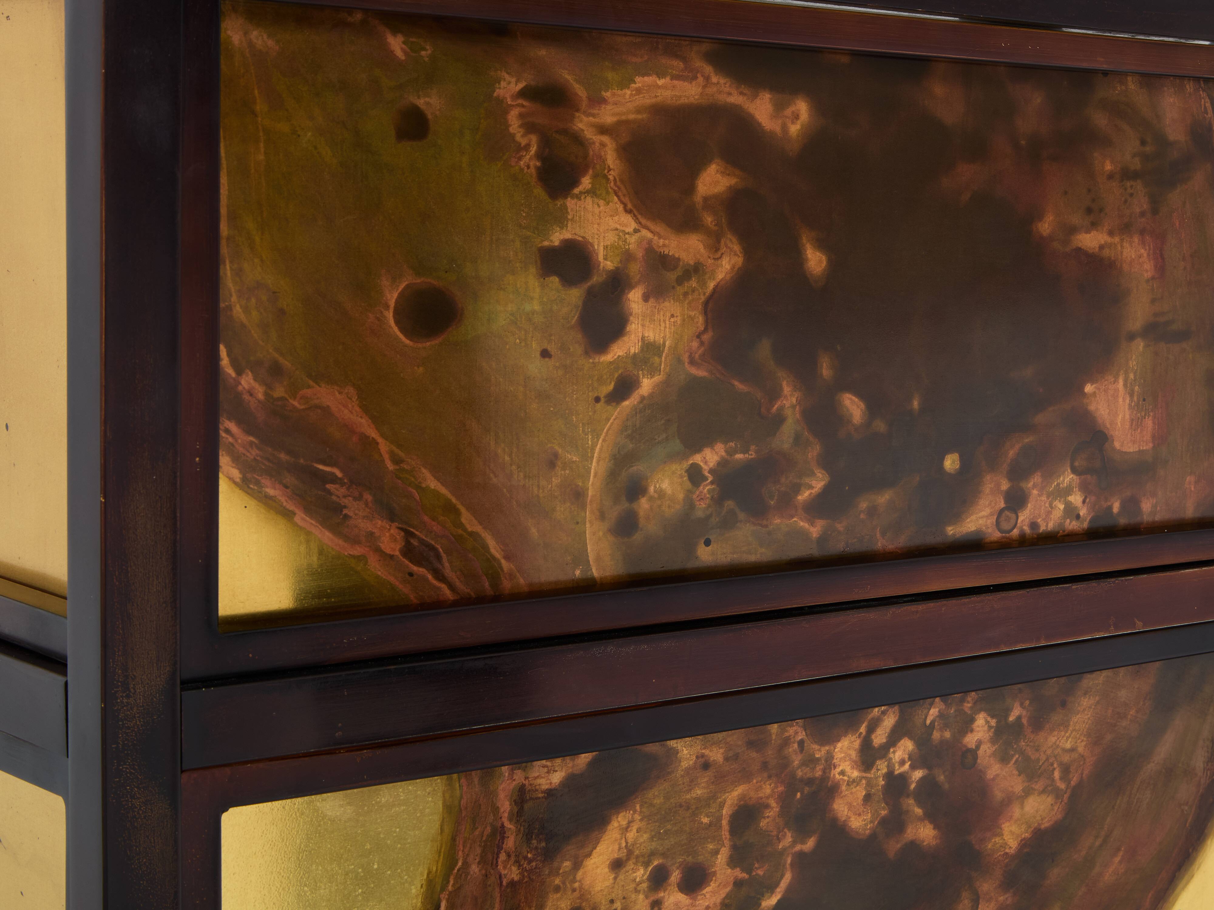 Large oxidized and patinated brass bar by Isabelle and Richard Faure 1970