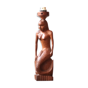 Pied de lampe sirène en bois sculpté,