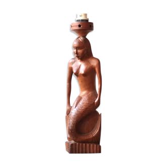 Pied de lampe sirène en bois sculpté, années 50