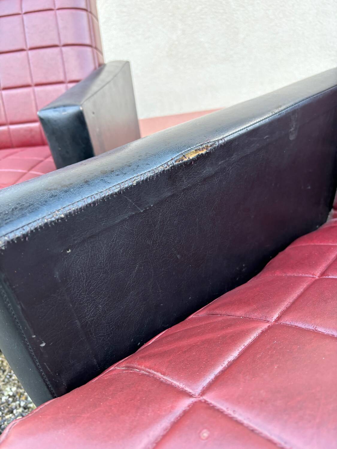 Vintage 70s red and black embossed sofa armchair set